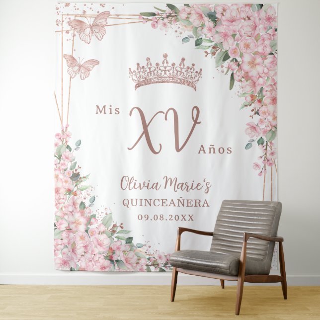 Cherry Blossoms Rose Gold Butterflies Quinceañera Tapestry (In Situ)