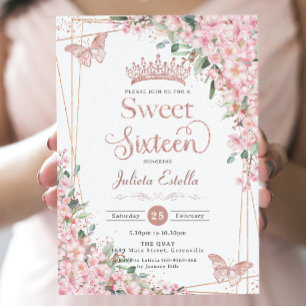 Cherry Blossoms Rose Gold Butterflies Sweet 16 Invitation