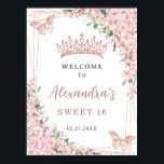 Cherry Blossoms Rose Gold Butterflies Sweet 16 Poster<br><div class="desc">Personalise this pretty cherry blossoms Quinceañera / Sweet 16 birthday welcome sign poster easily and quickly. Simply click the customise it further button to edit the texts, change fonts and fonts colours. Featuring beautiful watercolor cherry blossoms flowers, rose gold butterflies and a rose gold geometric frame. Matching items available in...</div>