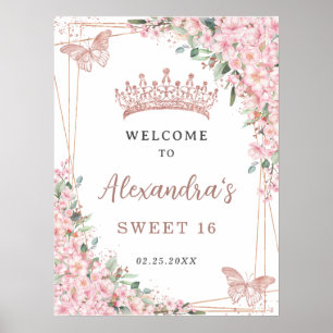 Cherry Blossoms Rose Gold Butterflies Sweet 16 Poster
