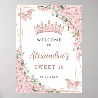 Cherry Blossoms Rose Gold Butterflies Sweet 16 Poster