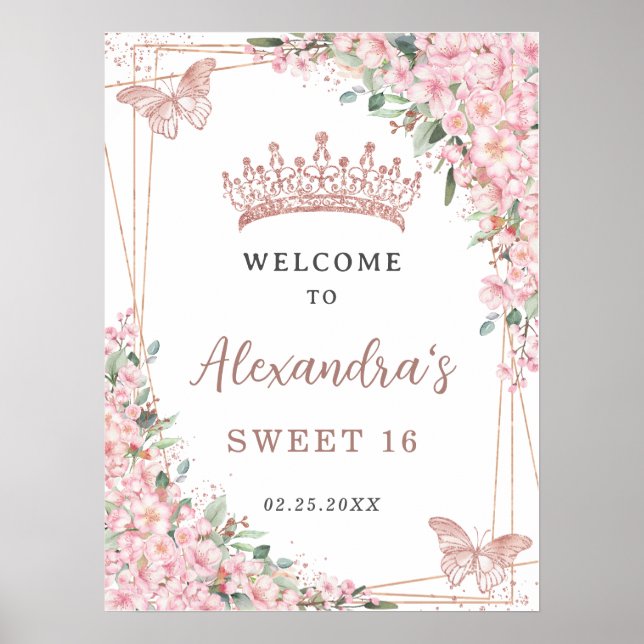 Cherry Blossoms Rose Gold Butterflies Sweet 16 Poster (Front)