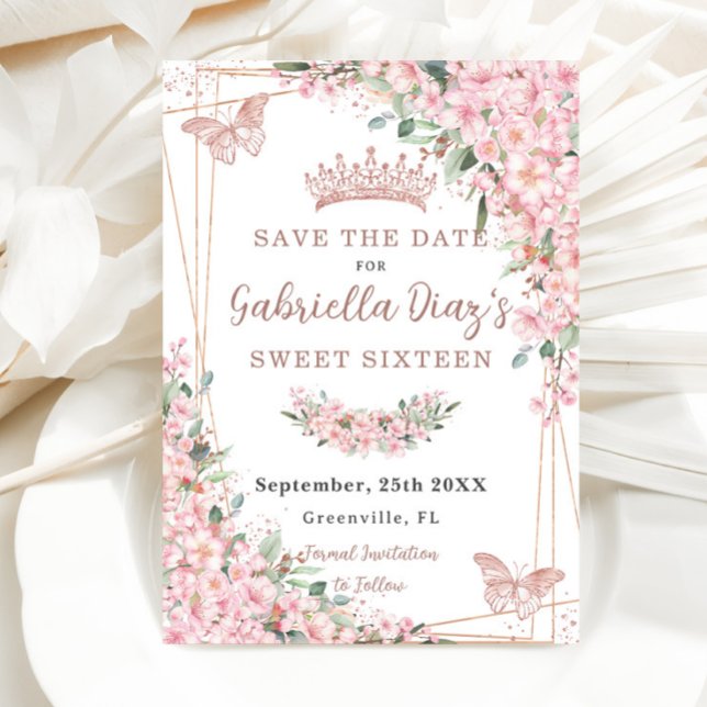 Cherry Blossoms Rose Gold Butterflies Sweet 16 Save The Date (Creator Uploaded)