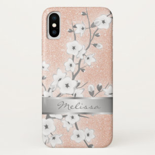 Cherry Blossoms Rose Gold Monogram Bling iPhone X Case