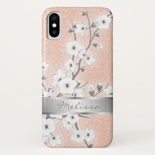 Cherry Blossoms Rose Gold Monogram Bling Case-Mate iPhone Case (Back)