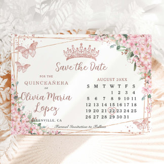 Cherry Blossoms Rose Gold Quinceañera Calendar Save The Date