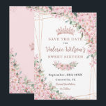 Cherry Blossoms Rose Gold Sweet 16 Quinceañera Save The Date<br><div class="desc">Personalise this pretty cherry blossoms Quinceañera / Sweet 16 birthday save the date easily and quickly. Simply click the customise it further button to edit the texts, change fonts and fonts colours. Featuring beautiful watercolor cherry blossoms flowers and a rose gold geometric frame. Matching items available in store. (c) Somerset...</div>