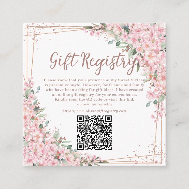 Cherry Blossoms Rose Gold Sweet Sixteen QR Gift  Enclosure Card (Front)