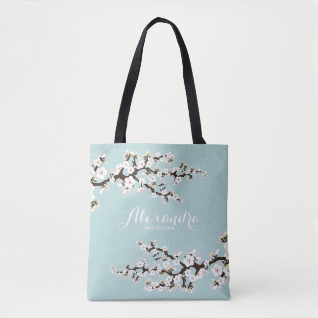 Cherry Blossoms Sakura Wedding Party Tote (blue) Bag (Front)