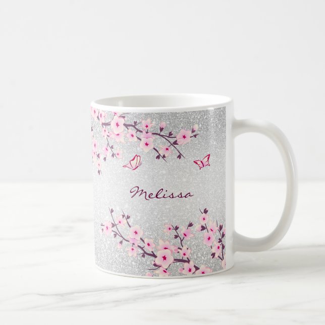 Cherry Blossoms Silver Glitter Monogram Floral Coffee Mug (Right)