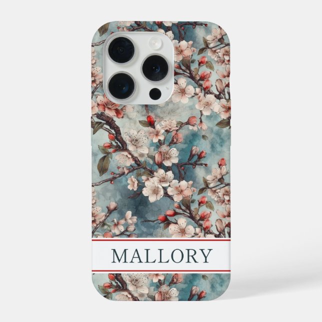 Cherry Blossoms Teal Sakura Print Monogrammed iPhone Case (Back)