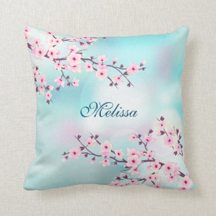 Cherry Blossoms Turquoise Background Cushion