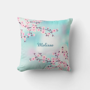 Cherry Blossoms Turquoise Background Cushion