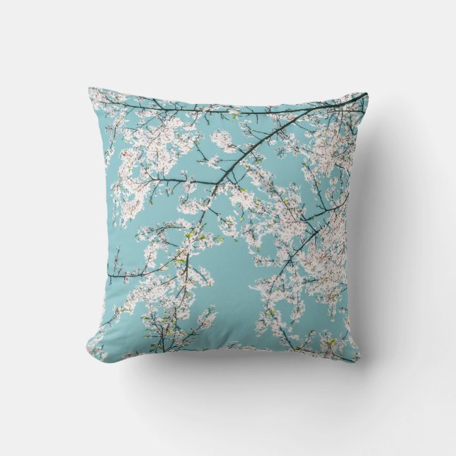 Cherry Blossoms: Turquoise Floral Trend Cushion (Front)