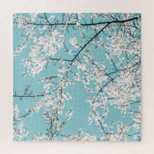 Cherry Blossoms: Turquoise Floral Trend Jigsaw Puzzle
