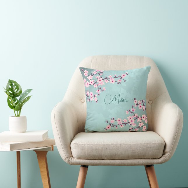 Cherry Blossoms Turquoise Monogram Cushion (Chair)