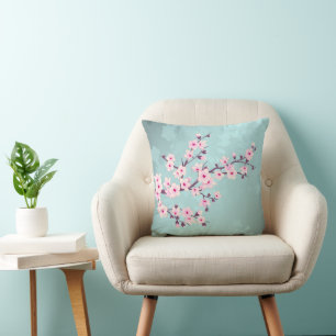 Cherry Blossoms Turquoise Monogram Cushion