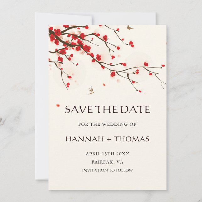 Cherry Blossoms Watercolor Wedding Save the Date (Front)