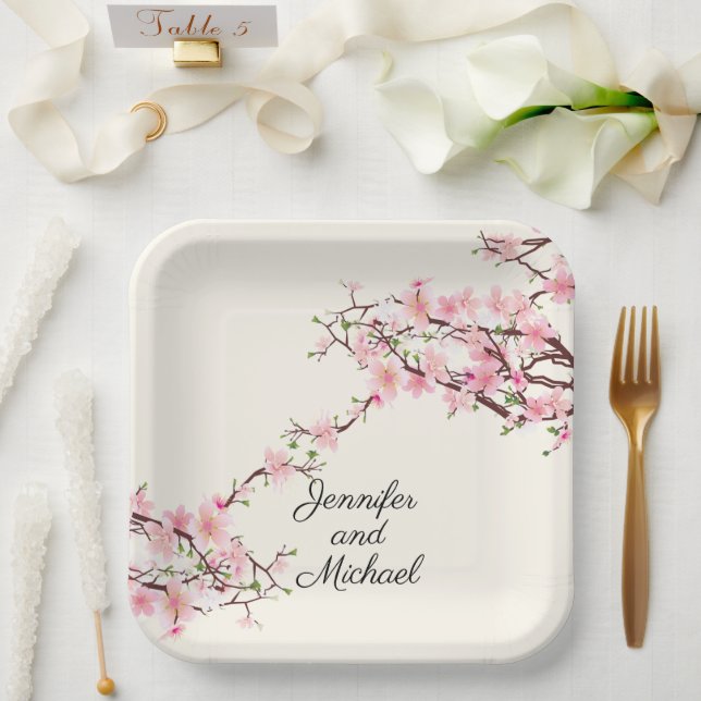 Cherry Blossoms Wedding Reception Personalise Name Paper Plate (Wedding)