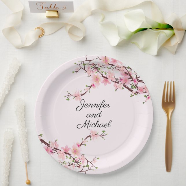 Cherry Blossoms Wedding Reception Personalise Name Paper Plate (Wedding)