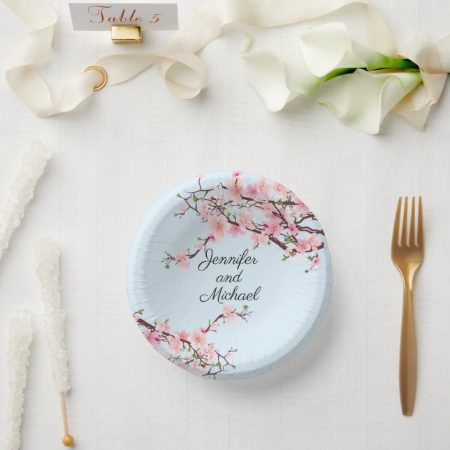 Cherry Blossoms Wedding Reception Personalise Name Paper Plate (Wedding)