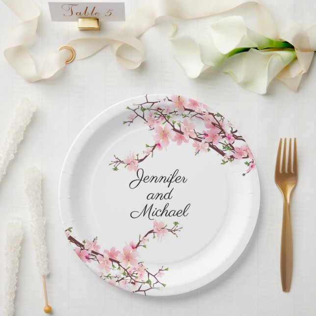 Cherry Blossoms Wedding Reception Personalise Name Paper Plate (Wedding)