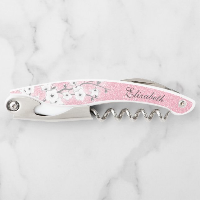 Cherry Blossoms White Pink Glitter Monogram Corkscrew (Front)