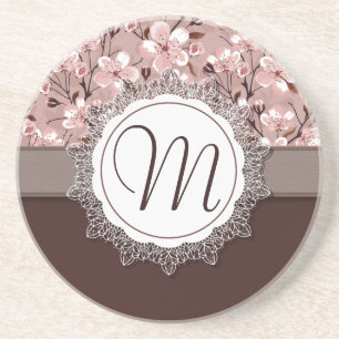 Cherry Blossoms with Lace Monogram Coaster