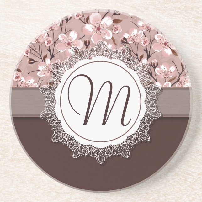 Cherry Blossoms with Lace Monogram Coaster (Front)