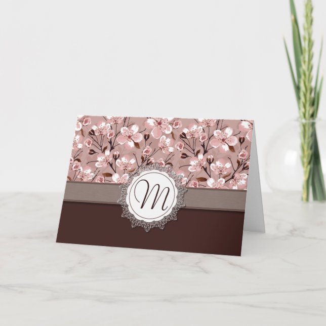 Cherry Blossoms with Lace Monogram Note Card (Front)