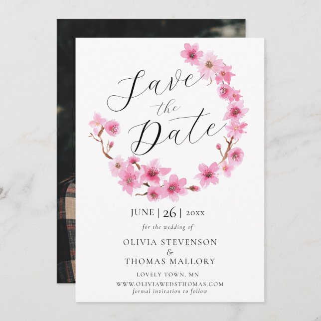 Cherry Blossoms Wreath Photo Wedding Save the Date Invitation (Front/Back)