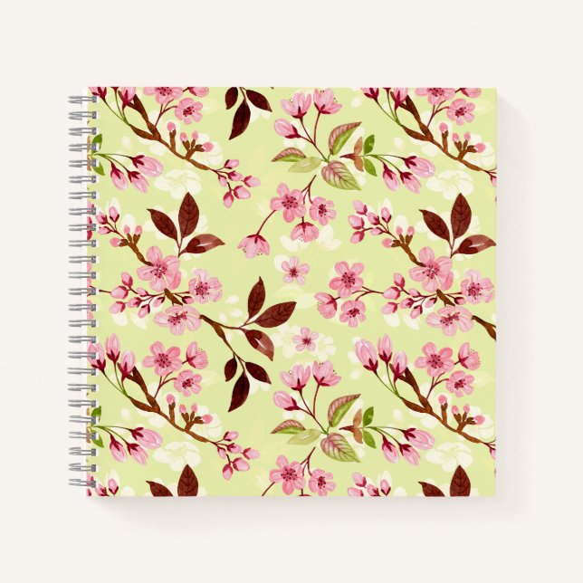 Cherry Blossoms Yellow Green Background Notebook (Front)