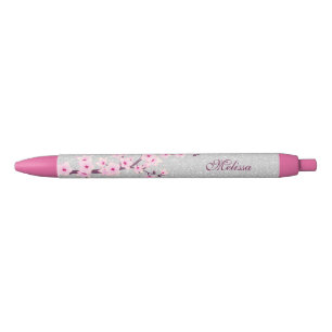Cherry Blosssom Silver Glitter Monogram Blue Ink Pen