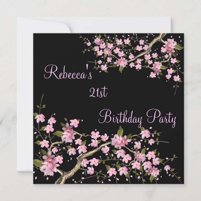 Cherry Bossom 21st Elegant Birthday Party Black Invitation (Front)