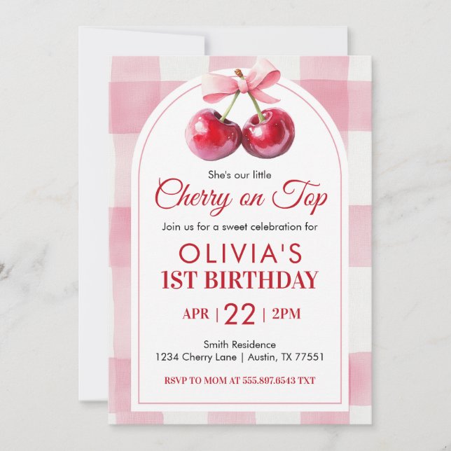 Cherry Bow Birthday Cherry On Top Invitation (Front)