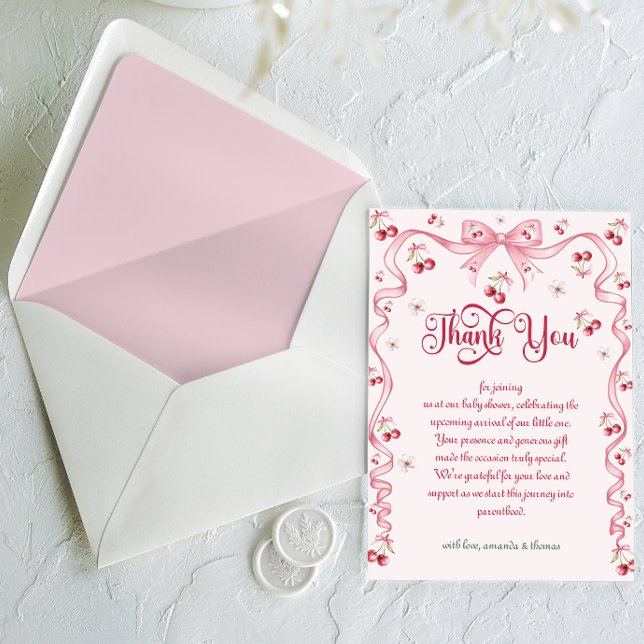 Cherry Bow Girl Baby Shower Thank You Card (Creator Uploaded)