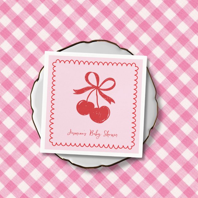 Cherry Bow Pink & Red Hand Drawn Baby Shower Napkin (Cherry Bow Pink & Red Hand Drawn Baby Shower Napkins)
