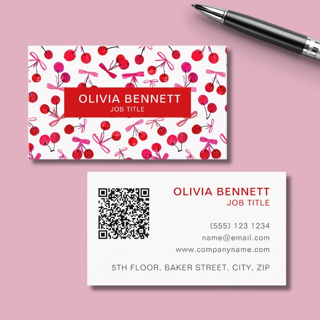 Cherry & bow QR Code Business Card (Cherry and pink bow cute illustrated professional business cards with custom text and QR code.)