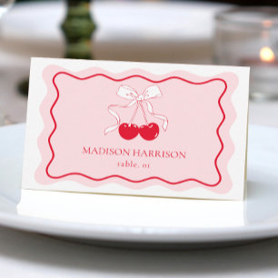 Cherry Bow Red Pink Wedding Name Place Card DIY