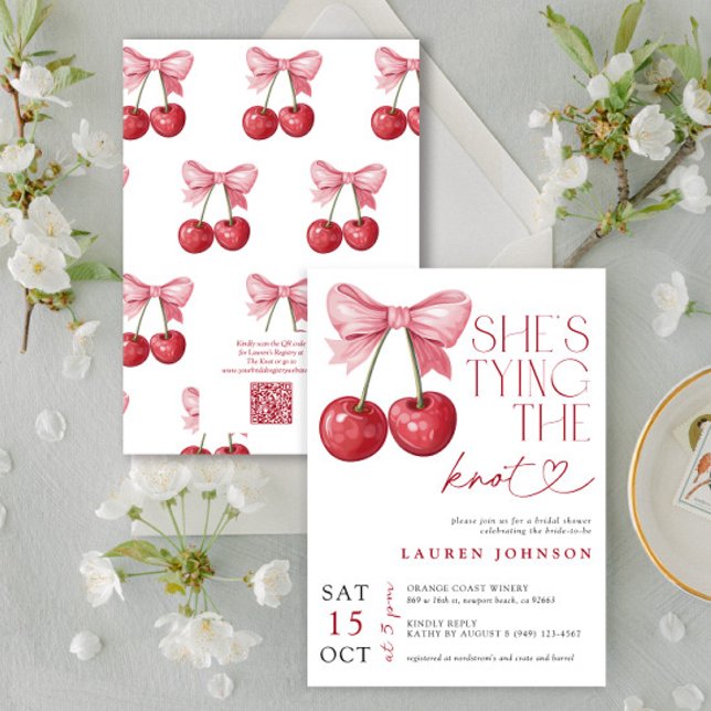 Cherry Bow She's Tying the Knot QR Bridal Shower Invitation (Creator Uploaded)
