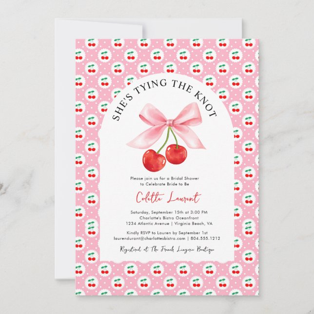 Cherry Bow Tying the Knot Bridal Shower  Invitation (Front)