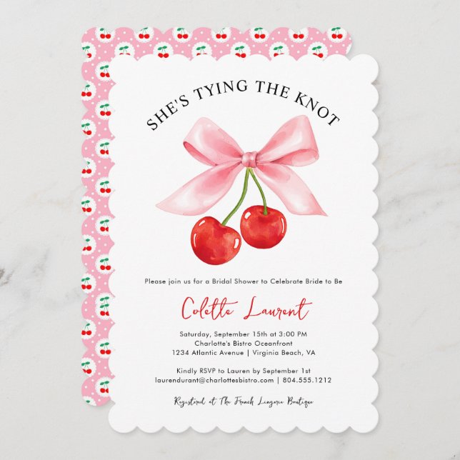 Cherry Bow Tying the Knot Scalloped Bridal Shower  Invitation (Front/Back)