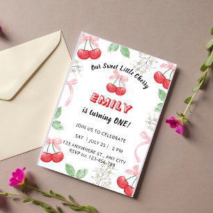 Cherry Bows 1st Birthday Invitation Girl Pink
