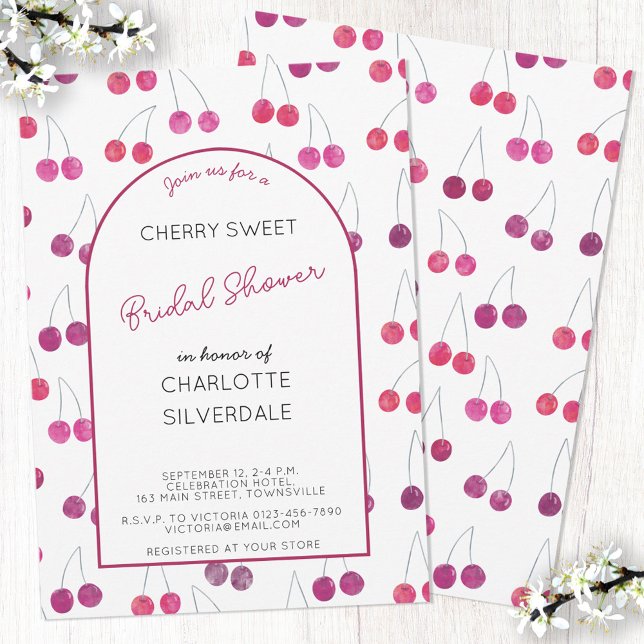 Cherry Bridal Shower Invitation (Watercolor cherries pattern personalized custom name text bridal shower invitation)