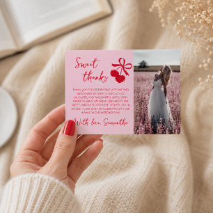 Cherry Bridal Shower Photo Pink & Red Thank You Card