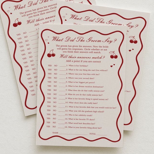 Cherry Bridal Shower What Did He Say Game Card (Creator Uploaded)