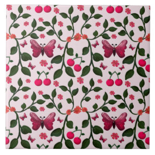 Cherry Butterfly Floral Seamless Pattern  Ceramic Tile