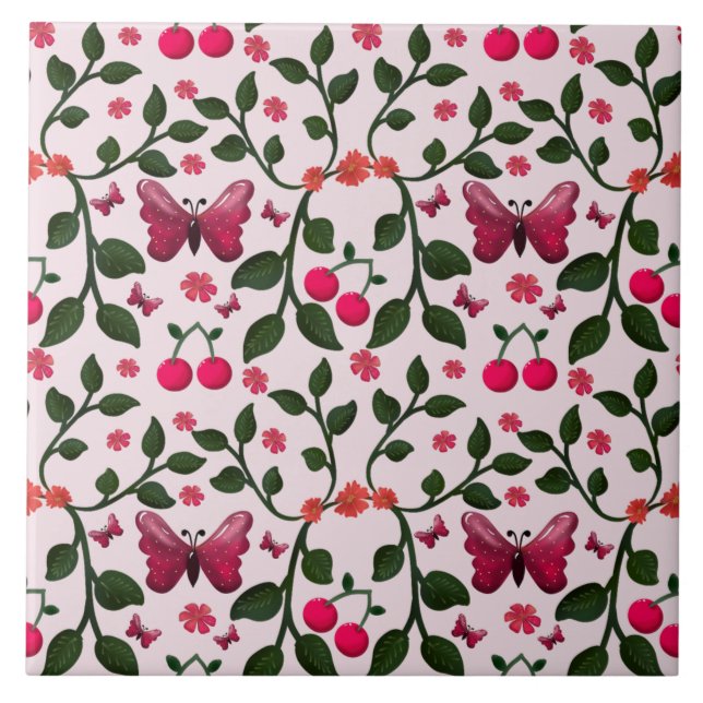 Cherry Butterfly Floral Seamless Pattern  Ceramic Tile (Front)