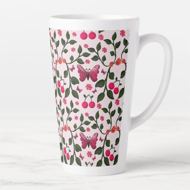 Cherry Butterfly Floral Seamless Pattern  Latte Mug (Right)