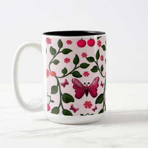 Cherry Butterfly Floral Seamless Pattern Two-Tone Coffee Mug